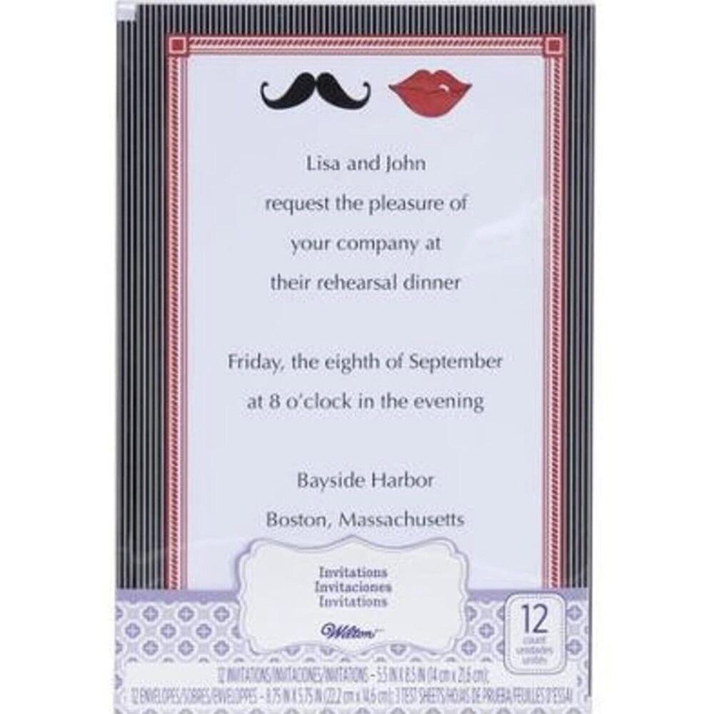 12 Wiltom Lips & Mustache Printable Wedding Engagement Bridal Shower Invitations